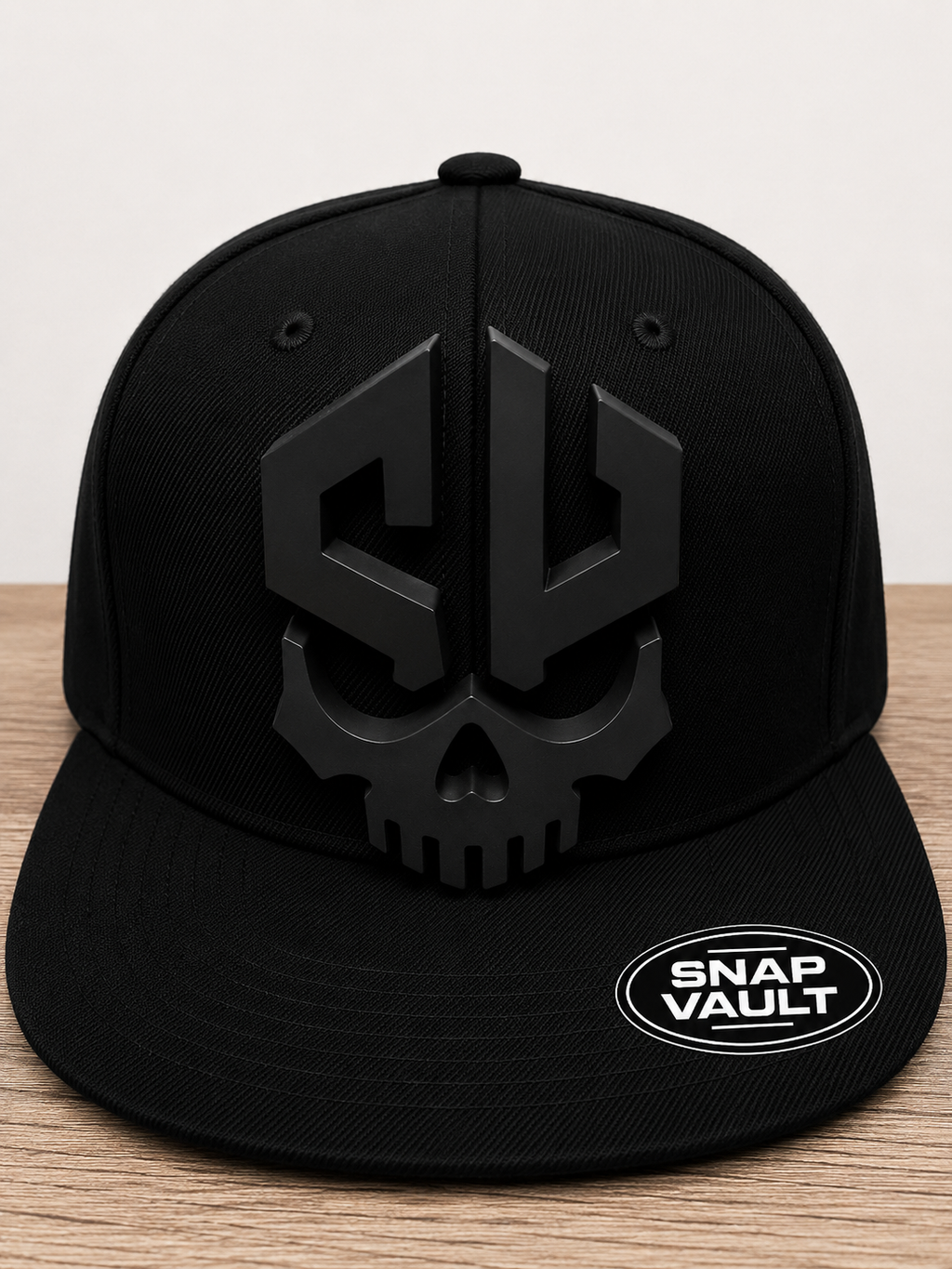 Snap Vault black skull logo plate on black snapback cap