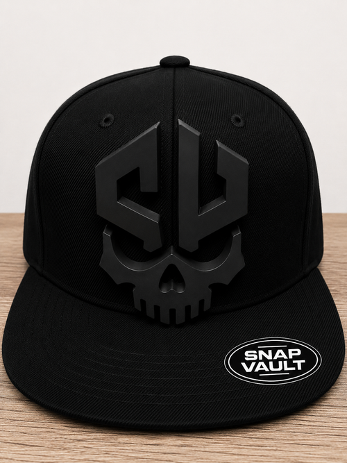 Snap Vault black skull logo plate on black snapback cap